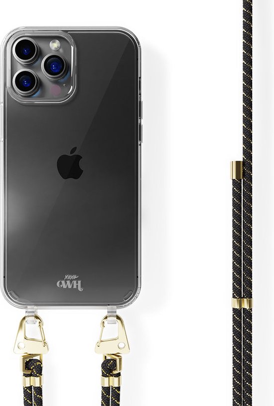 xoxo Wildhearts siliconen hoesje - Geschikt voor iPhone 16 Pro Max - Gold Goddess - Telefoonhoesje - Hoesje met koord - telefoonkoord - Transparant hoesje - In lengte verstelbaar - Zwart - Goud - Zwart koord met gouden strepen