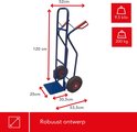 Blauwe steekwagen met rode handgrepen, afmetingen en specificaties: 9,5 kg, max. 200 kg.