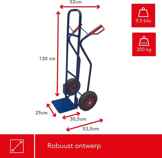 Blauwe steekwagen met rode handgrepen, afmetingen en specificaties: 9,5 kg, max. 200 kg.