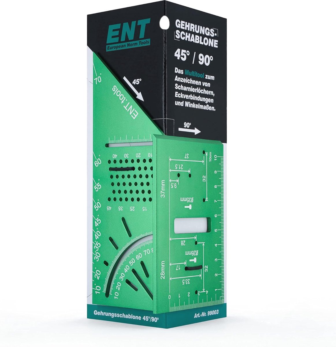ENT 99003 - Mitre jig - Multigergereedschap - 3D drill jig - Marking mold - with 45°/90° angle Aluminium green anodized
