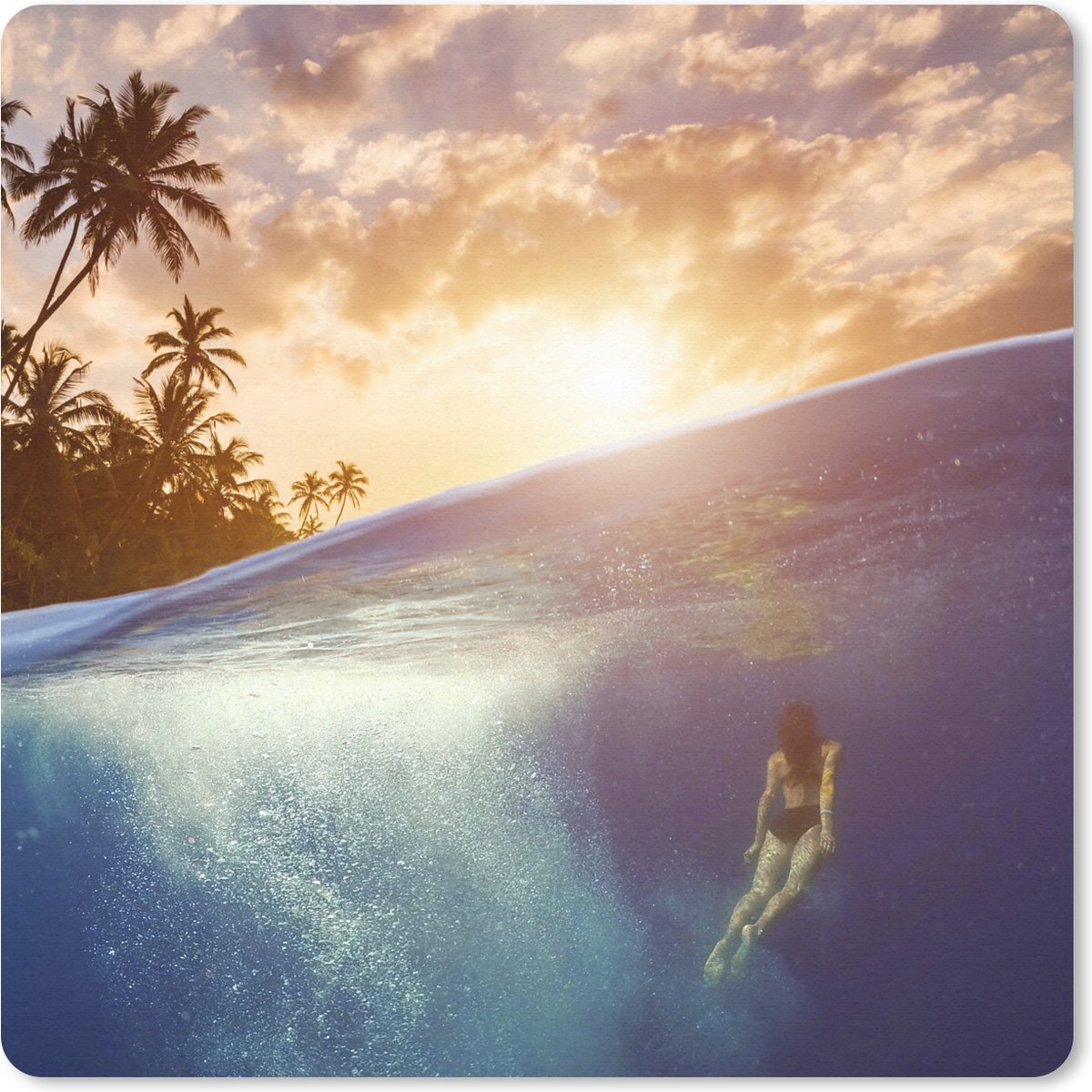 Muismat 20x20 cm - Mousepad Zee - Zwemmer - Zon - Muismatten