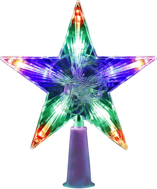 Stervormige kerstboom piek met multicolor LED-verlichting en paarse basis.