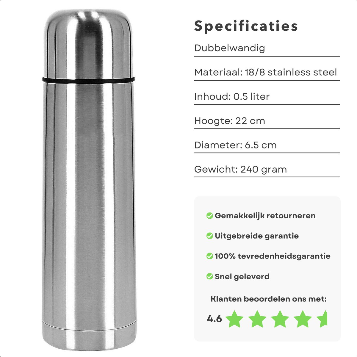 Thermosfles - Thermosbeker - Isolatiekan - Isoleerkan - Dubbelwandig - 0.5 Liter - RVS - Voor Warme en Koude Dranken - Inclusief EBOOK – foto 6