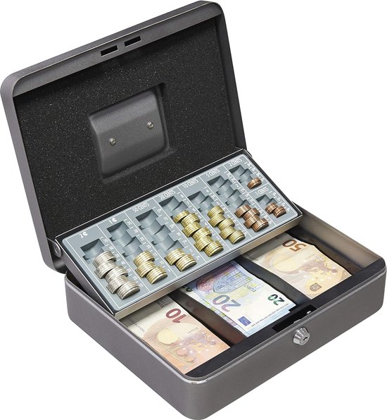 Relaxdays geldkistje met slot, bakje voor munten & briefgeld, geldkluisje ijzer H x B x D 8,5 x 30,5 x 24,5 cm, wit