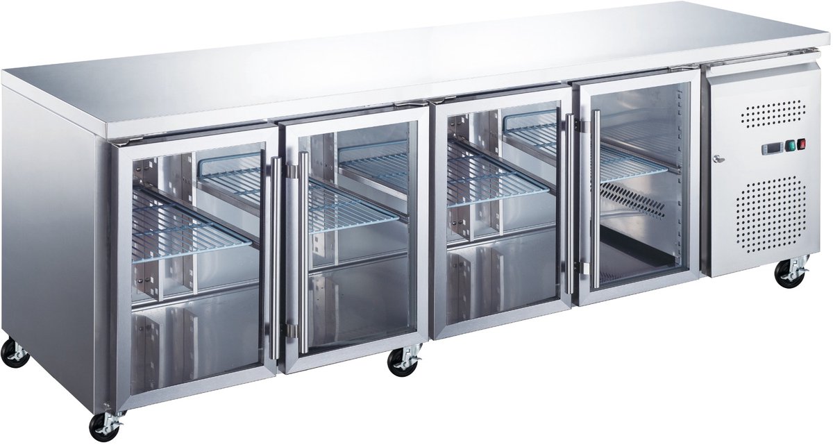 Maxima Koelwerkbank - 553 L - 223 cm - 4 Glazen Deuren Roestvrij staal