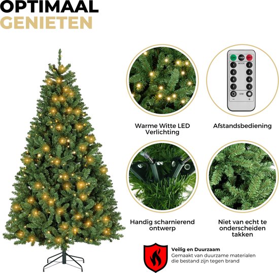 Un sapin de Noël artificiel vert avec éclairage LED blanc chaud, y compris des détails sur l'éclairage, la télécommande et les branches.