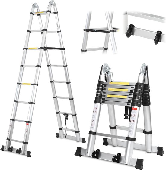 Zilveren telescopische ladder uitgevouwen in A-vorm en deels uitgeschoven, met details van de scharnierpunten.