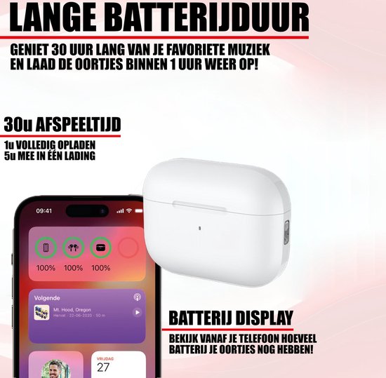 Witte draadloze oortjes met oplaadcase en een iPhone die "100%" batterijstatus toont. Tekst "LANGE BATTERIJDUUR", "30U AFPEELTIJD", "BATTERIJ DISPLAY".