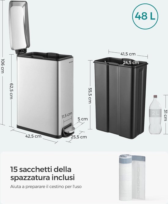 SONGMICS vuilnisemmer keuken, 48 liter, smal, afvalemmer, pedaalemmer voor nauwe ruimtes, keukenafvalemmer met softclose-deksel en binnenemmer, staal, inclusief 15 vuilniszakken, zwart LTB510B4802 SONGMICS vuilnisemmer keuken, 48 liter, smal, afvalemmer, pedaalemmer voor nauwe ruimtes, keukenafvalemmer met softclose-deksel en binnenemmer, staal, inclusief 15 vuilniszakken, zwart LTB510B4802