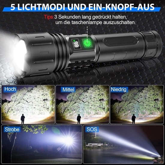 ASORT Led-zaklamp, extreem helder, 200.000 lumen, 3 km extreem
