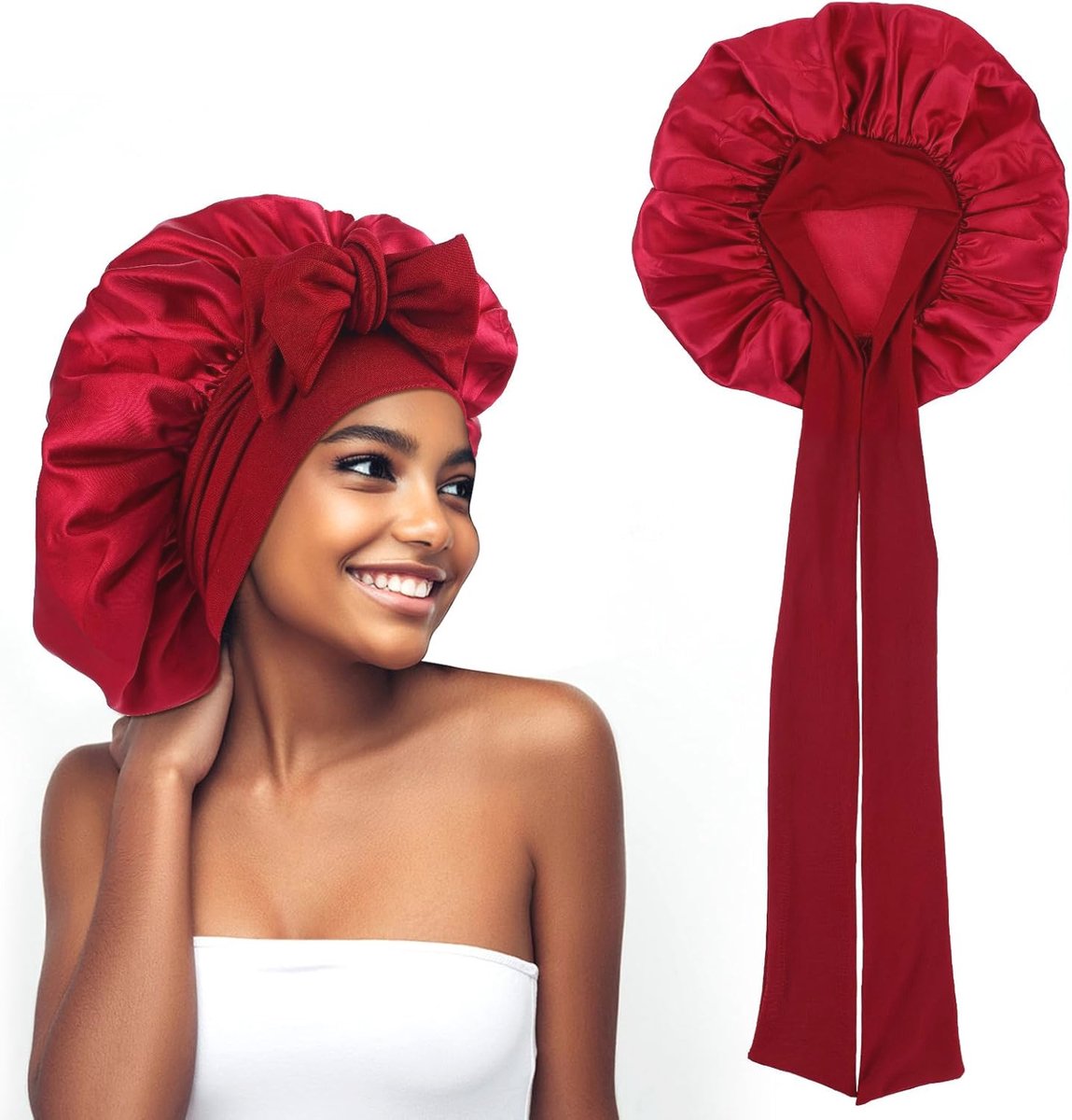 Zijden slaapmuts voor vrouwen - Verstelbare satijnen haarbonnet met strikband voor krullend haar - Bordeauxrood