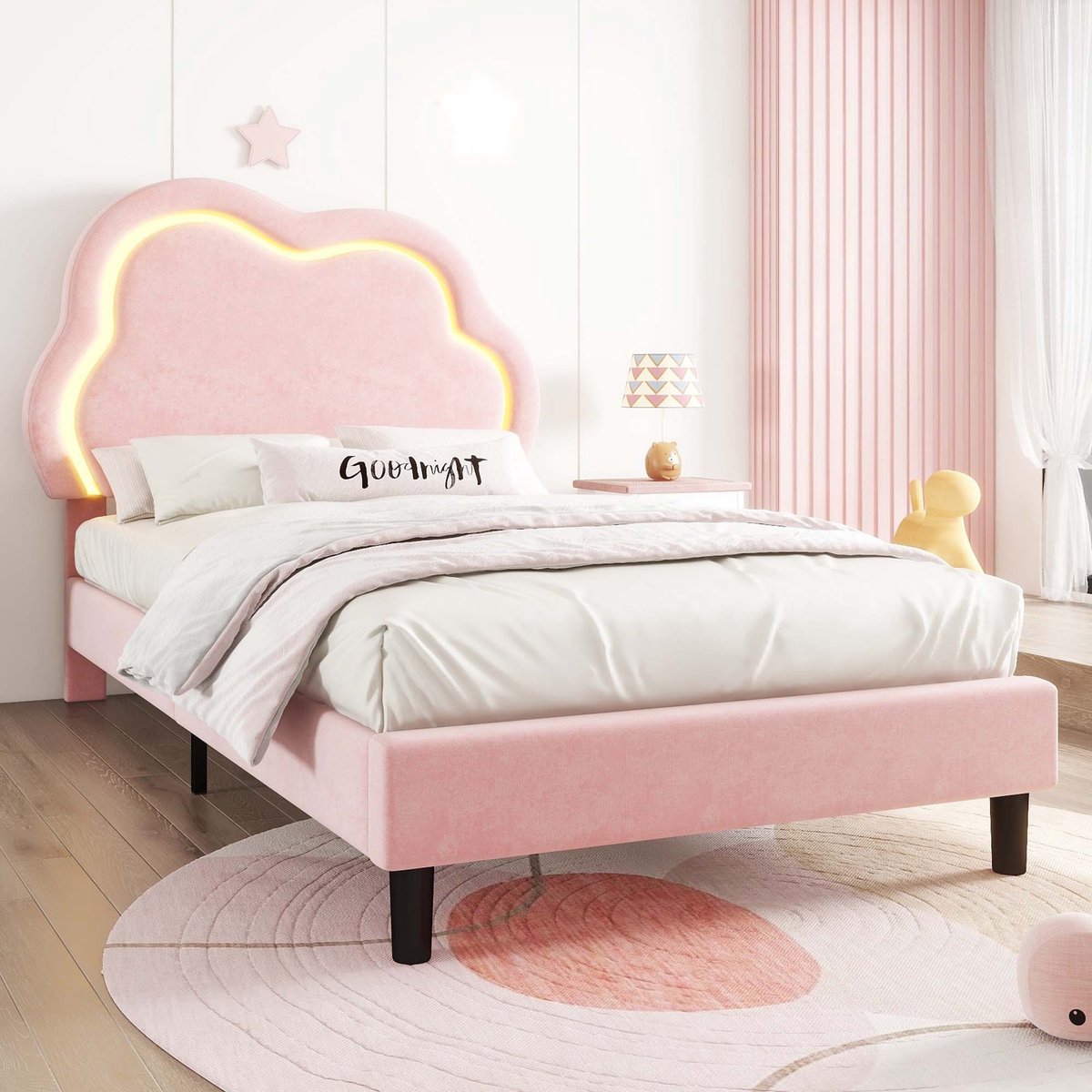 Gutent Kinderbed, Roze (Zonder matras), 90x200 cm, met Lattenbodem, Afstandsbediening voor binnenverlichting, verstelbaar hoofdeinde, velours, minimalistische stijl
