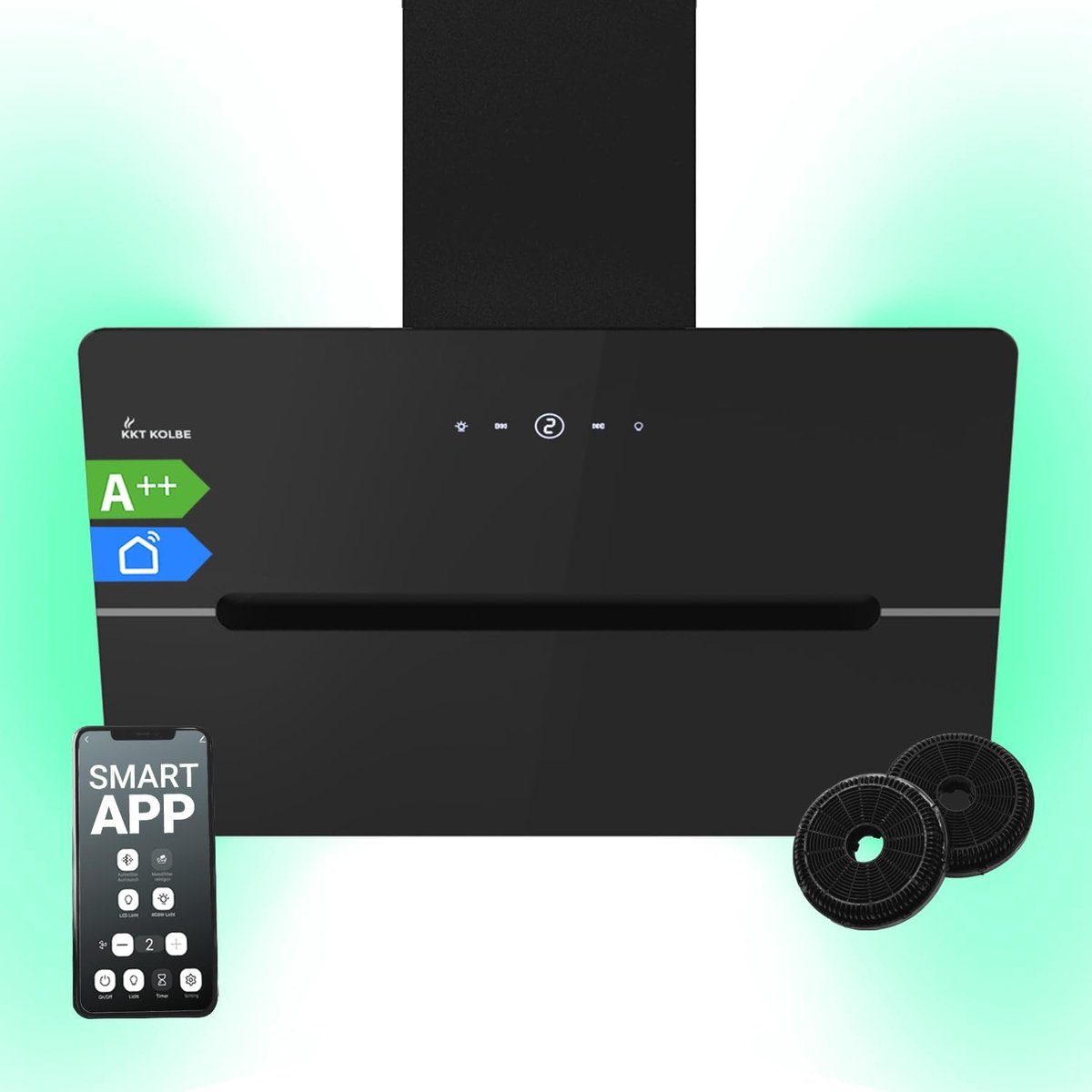 Afzuigkap 80 cm met RGB LED-verlichting en wifi, zwart glas en roestvrij staal