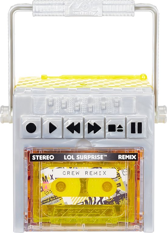Transparante en zilverkleurige L.O.L. Surprise! Remix stereospeler met gele radioantenne en cassette.