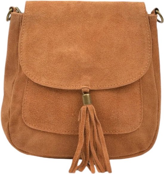 Cognac Suède Schoudertas Tassle - Suède Boho Hobo Schoudertassen - Italiaans Leder - Tas met Kwastje - Cognac