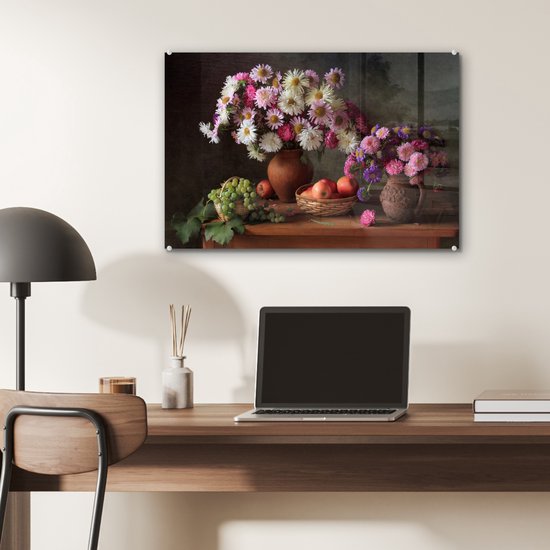 MuchoWow® Peinture sur verre 60x40 cm - Peinture sur verre acrylique - Fleurs - Fruits - Nature morte - Rose - Photo sur verre - Décoration murale salon - Décoration murale chambre - Peintures