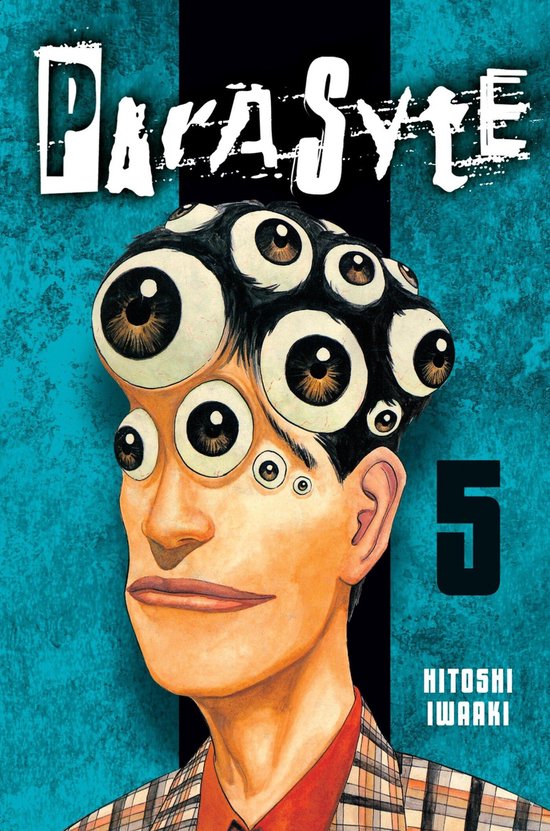 De cover van Parasyte 5: een man met een hoofdband van vele ogen op zijn hoofd, tegen een turquoise achtergrond.