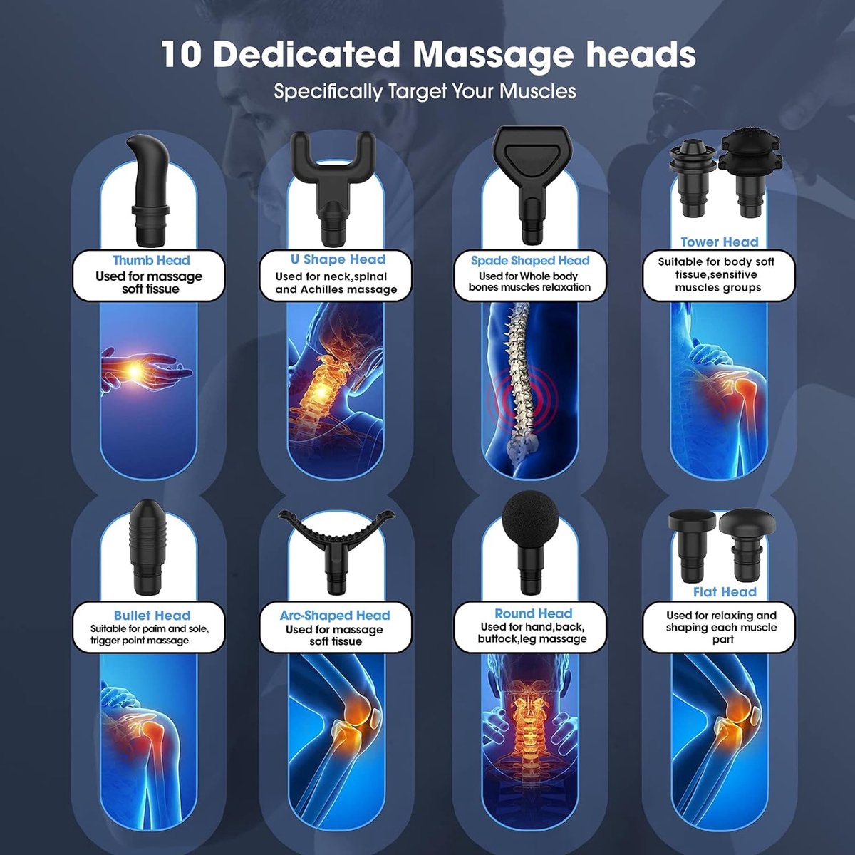 Afbeelding 2 van Massagepistool - Lichaamsmassage - 30 Snelheden - 6 Kopstukken - Spierpijnverlichting - LCD-Touchscreen