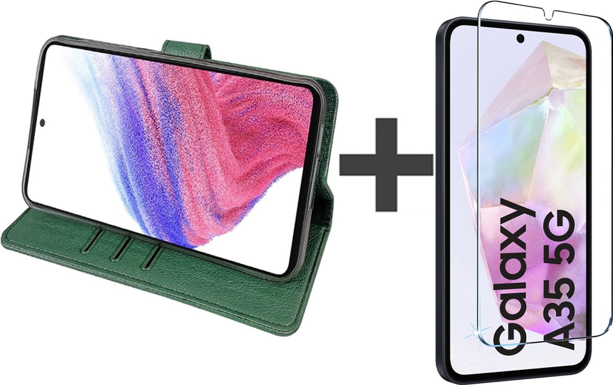 BixB hoesje met Screenprotector Geschikt voor Samsung Galaxy A35 – bookcase met pasjeshouder - Groen