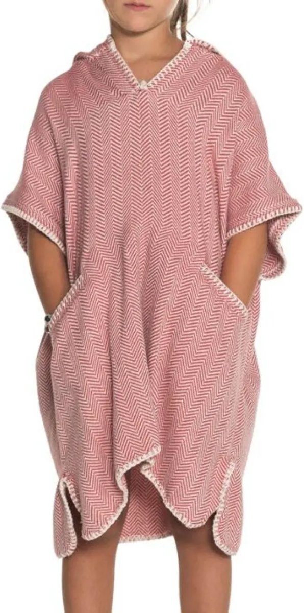 Lalay Strandponcho ZigZag Dusty Rose - maat 2-3 jaar - jongens/meisjes/unisex pasvorm - poncho handdoek voor kinderen met capuchon - zwemponcho - badcape