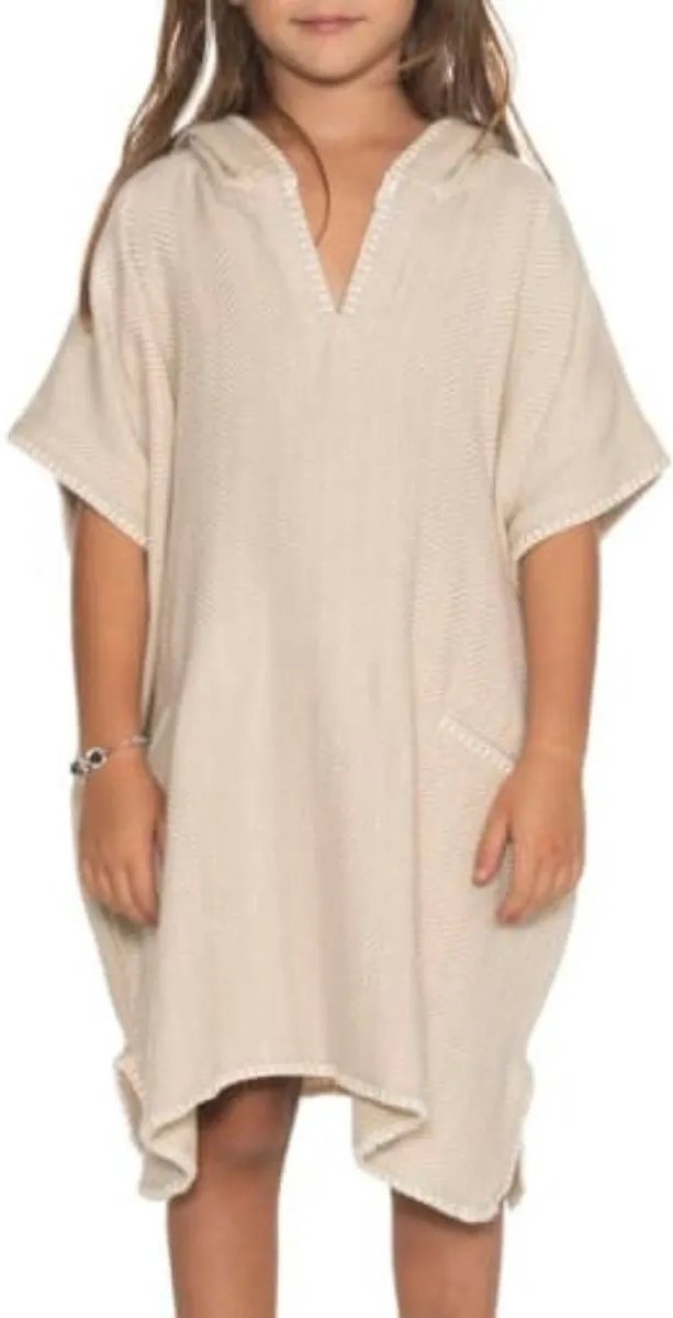 Lalay Strandponcho ZigZag Beige - maat 6-7 jaar - jongens/meisjes/unisex pasvorm - poncho handdoek voor kinderen met capuchon - zwemponcho - badcape