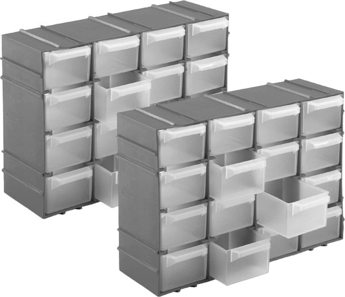Hega hogar Opbergboxen sorteerboxen 2x met 16 vakken ophangbaar 15 x 22 x 7 cm grijs Uitbreidbaar