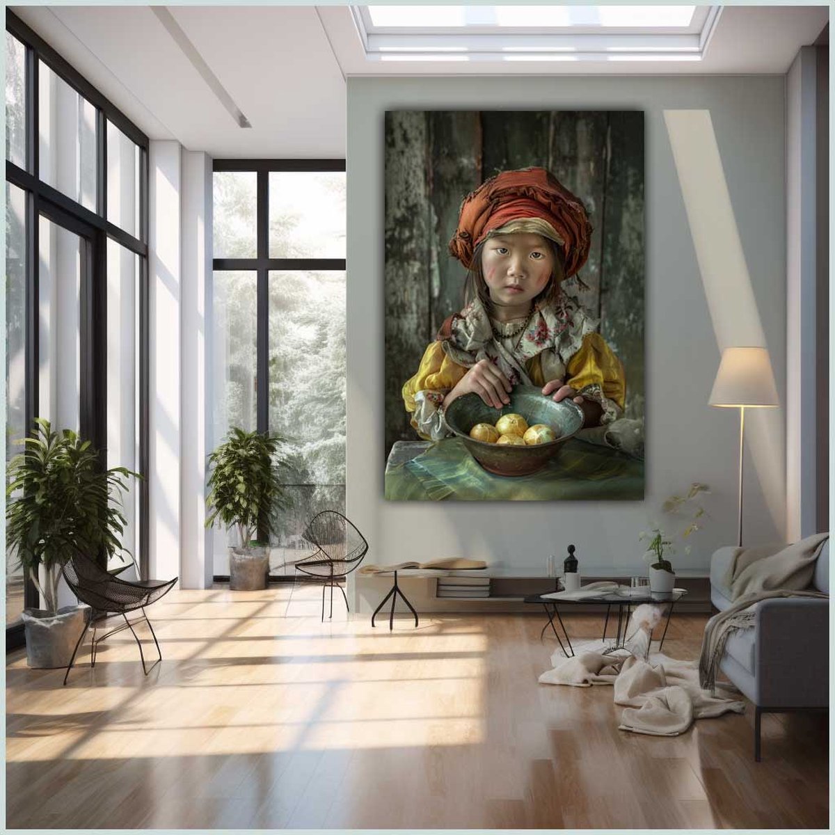 Canvas schilderij - Canvas - Staand - 50 x 70 cm - Portret - Kind - Fruit - Vintage - Stijl Vermeer - Wanddecoratie - Muurdecoratie woonkamer - Uniek - Exclusief -Picturetopicture
