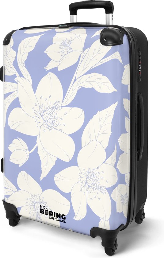 NoBoringSuitcases.com® - Grande valise Pourpre clair avec des fleurs blanches - Bagage - Valise de voyage - Valise chariot - Valises 67cm