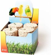 Display met Witte Molen PLUS mineraalblokken voor vogels. Toont illustraties van kleurrijke vogels en gras.