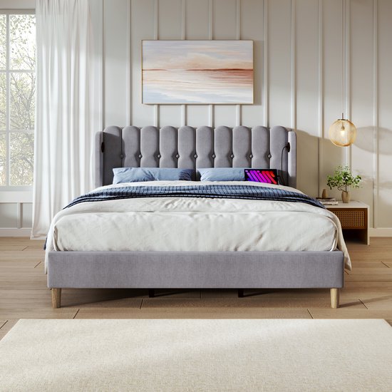 Sweiko Gestoffeerd bed Tweepersoonsbed met USB Type C Oplaadfunctie, Bedplaats met platte noedelsvoet, Grijs Gestoffeerd bed, 160 x 200 cm bedplaats Slaapkamer Jeugdbed Gastenkamer linnenmateriaal (geen matras)