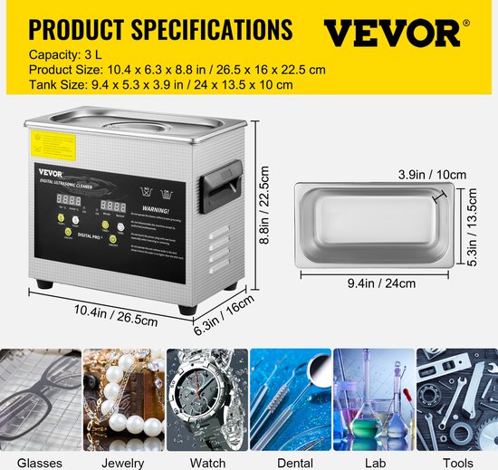 VEVOR Nettoyeur à ultrasons numérique en acier inoxydable avec écran guidé - 3L - 26,5 * 16,5 * 22,5 cm - Pour les laboratoires, Nourriture, la Biologie, les industries médicales et agricoles ou le Nettoyage quotidien - Argent