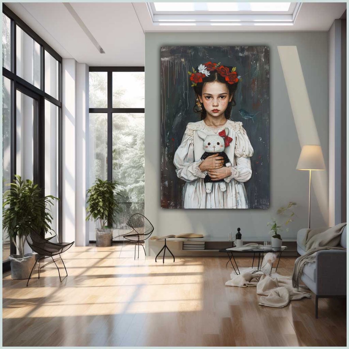 Canvas schilderij - Canvas - Staand - 50 x 70 cm - Portret - Kind - Dier - Konijn - Kunst - Stijl Frida Kahlo - Mexicaans - Wanddecoratie - Muurdecoratie woonkamer - Uniek - Exclusief -Picturetopicture