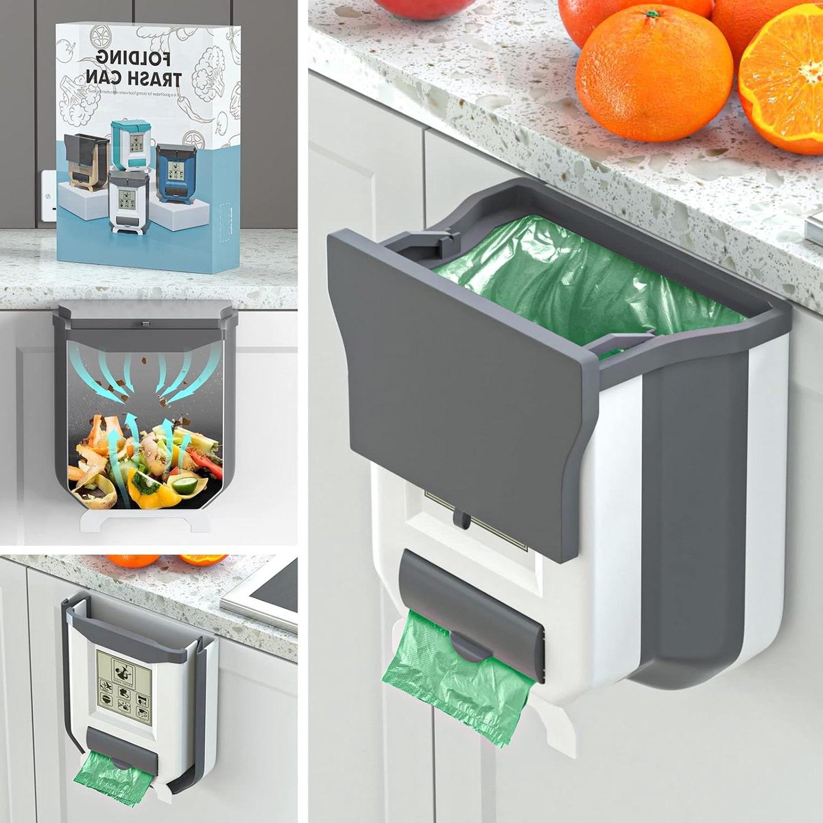 Goedkoopste Prullenbak Opvouwbare hangende afvalemmer met deksel - keuken afvalemmer ophangbaar - camping/auto/badkamer/kantoor/slaapkamer - grijs