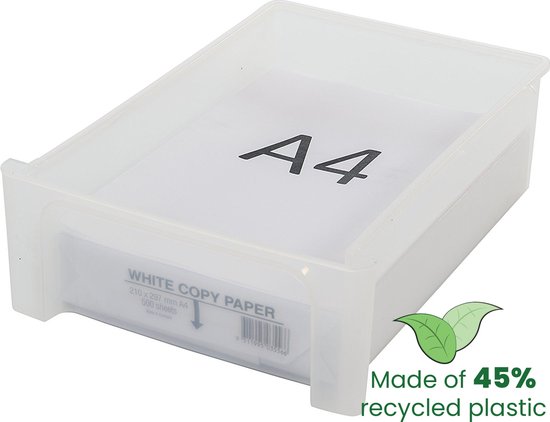 Een transparante lade met 'A4' erop, gevuld met wit papier.