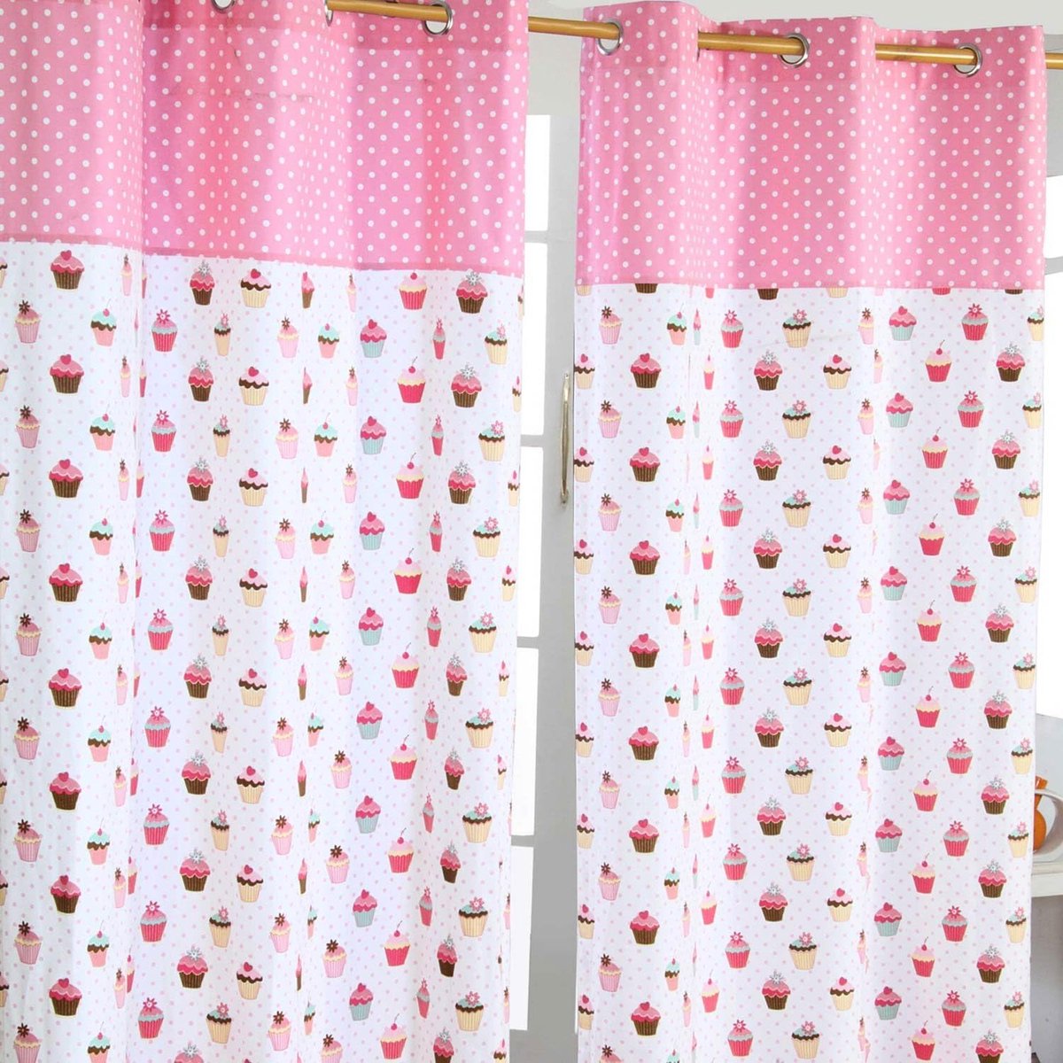 Homescapes gordijnen met oogjes cupcakes roze blauw set van 2 100% katoen, 137 x 117 cm Roze/Wit