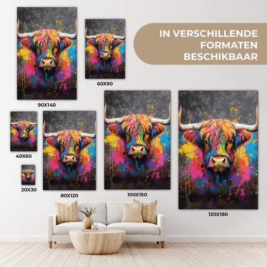 Peinture sur toile 80x120 cm - Décoration murale Graffiti - Highlander écossais - Vache - Coloré - Décoration murale murale salon - Décoration chambre - Accessoires de chambre - Peintures