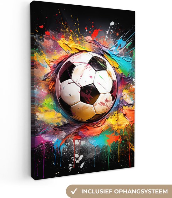 Tableau sur toile Voetbal - Peinture - Couleurs - Zwart - Wit - 120x180 cm - Décoration murale XXL