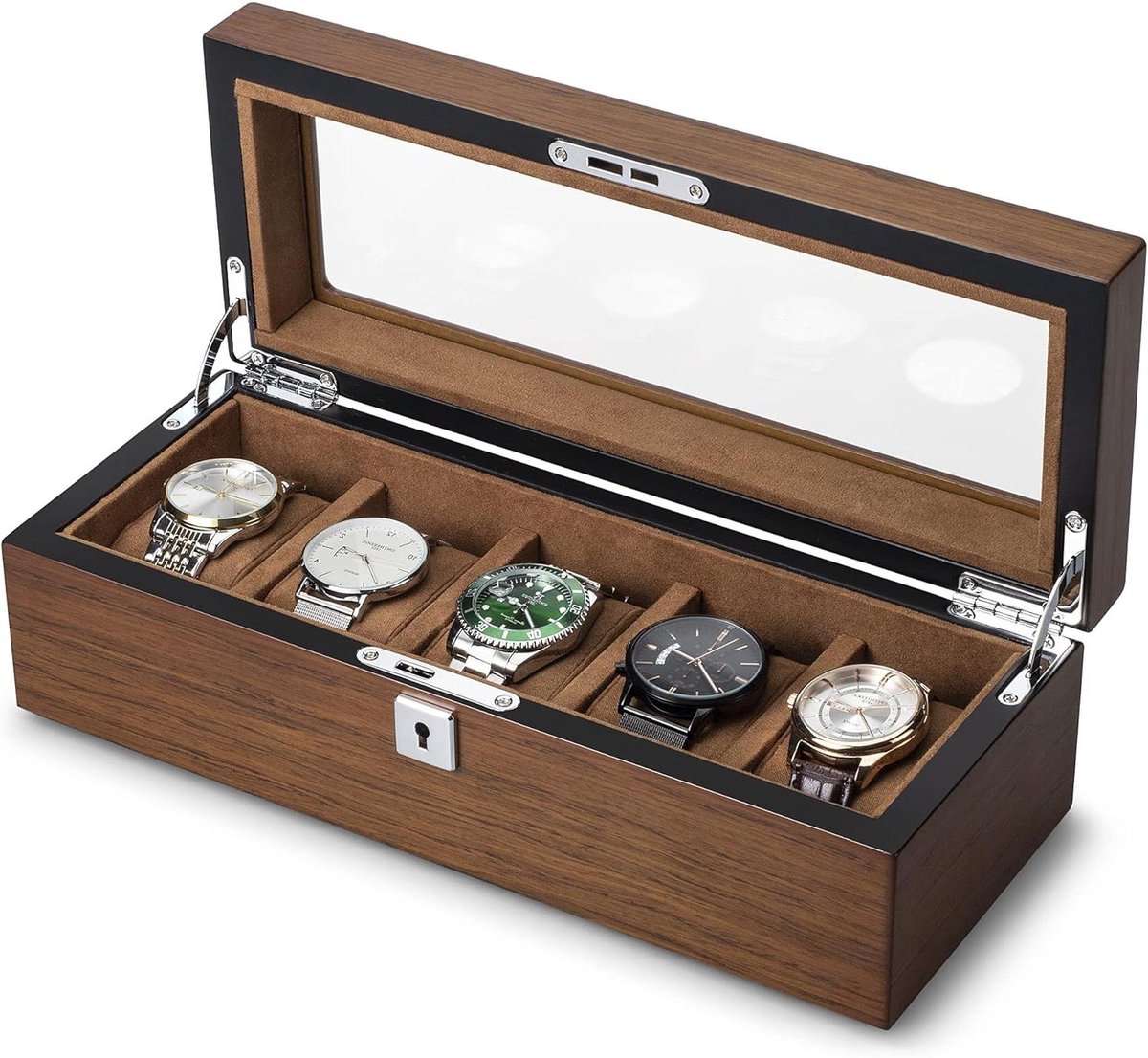 Massief Houten Horlogedoos 5 Slots - Horloge Opbergdoos voor Mannen - Houten Horloge Organizer met Glazen Display - Prachtig en Duurzaam