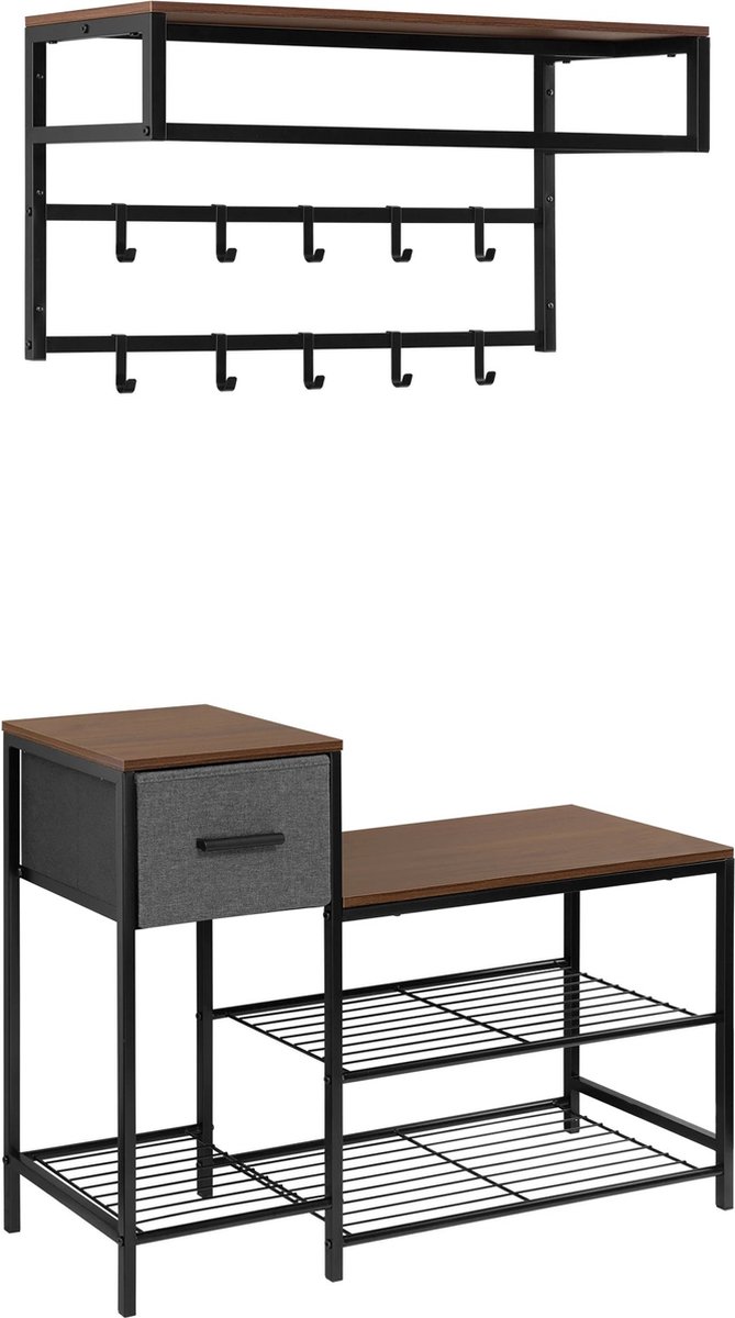 Seastone - Kledingkast Schoenenrek - Set Wandkapstok Met Plank - 5 Niveaus Schoenenkast - 10 Haken- Afmeting plank (bovenkant) 80x41x30 cm - Afmeting roosterplank (onderkant) 90x63x30 cm