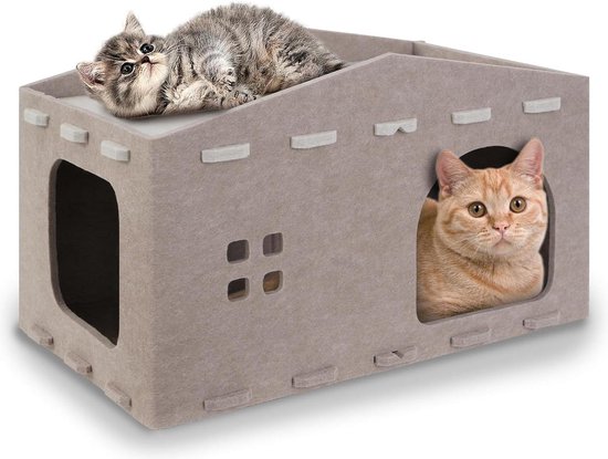 HiCaptain Kattenhuis Outdoor Winterbestendig Katten Kunststof Verwilderd Outdoor Kattenhuis Puppenverblijf voor Kleine Middelgrote Huisdieren Huisdieren Loophek Dekking Grijs