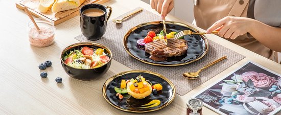 Serviesset - 8 Persoons Servies - Keramiek - Diner- en Dessertborden, Kommen en Kopjes - 32-delige Set - Zwart - Goud