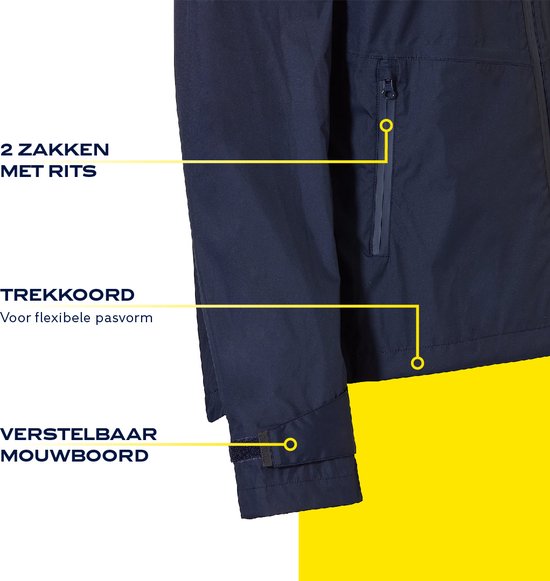 Donkerblauwe jas met ritszakken, trekkoord in de taille en verstelbare mouwboorden.