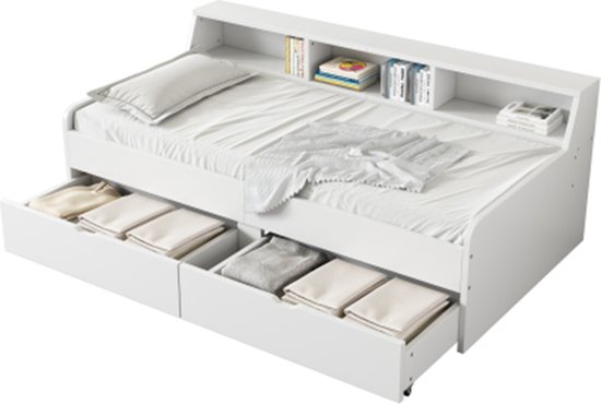 KOMHTOM Lit enfant 90x200 cm Lit de repos avec deux tiroirs et rangement blanc