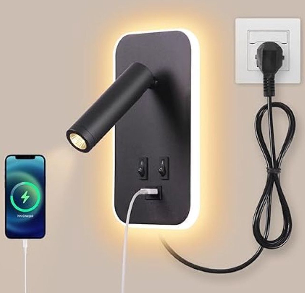 wandlamp binnen- leeslampje voor in bed-USB-oplaadpoort- verstelbare spotverlichting-3W na