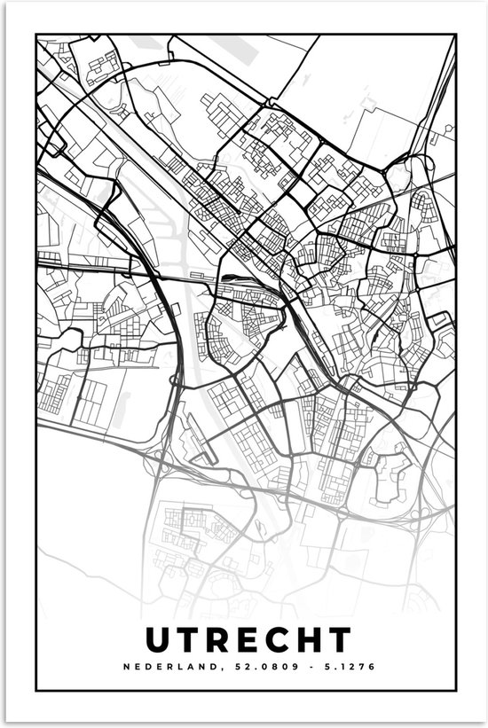 Poster 20x30 cm - Kaart - Utrecht - Zwart - Wit - Posters - Kamer decoratie - Wanddecoratie woonkamer - Muurdecoratie slaapkamer