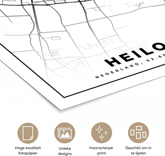 Affiche Carte - Heiloo - Zwart - Wit - 20x30 cm