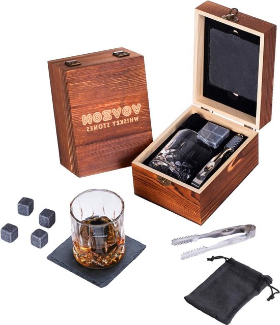 Sovyime Whisky Gift Set - Whiskyglazen Set van 2, Whiskyglas & 6 RVS Whisky Stones & Houten Doos, Whisky Geschenksets voor Mannen, Verjaardagscadeaus voor Mannen Papa Vader Echtgenoot Broer