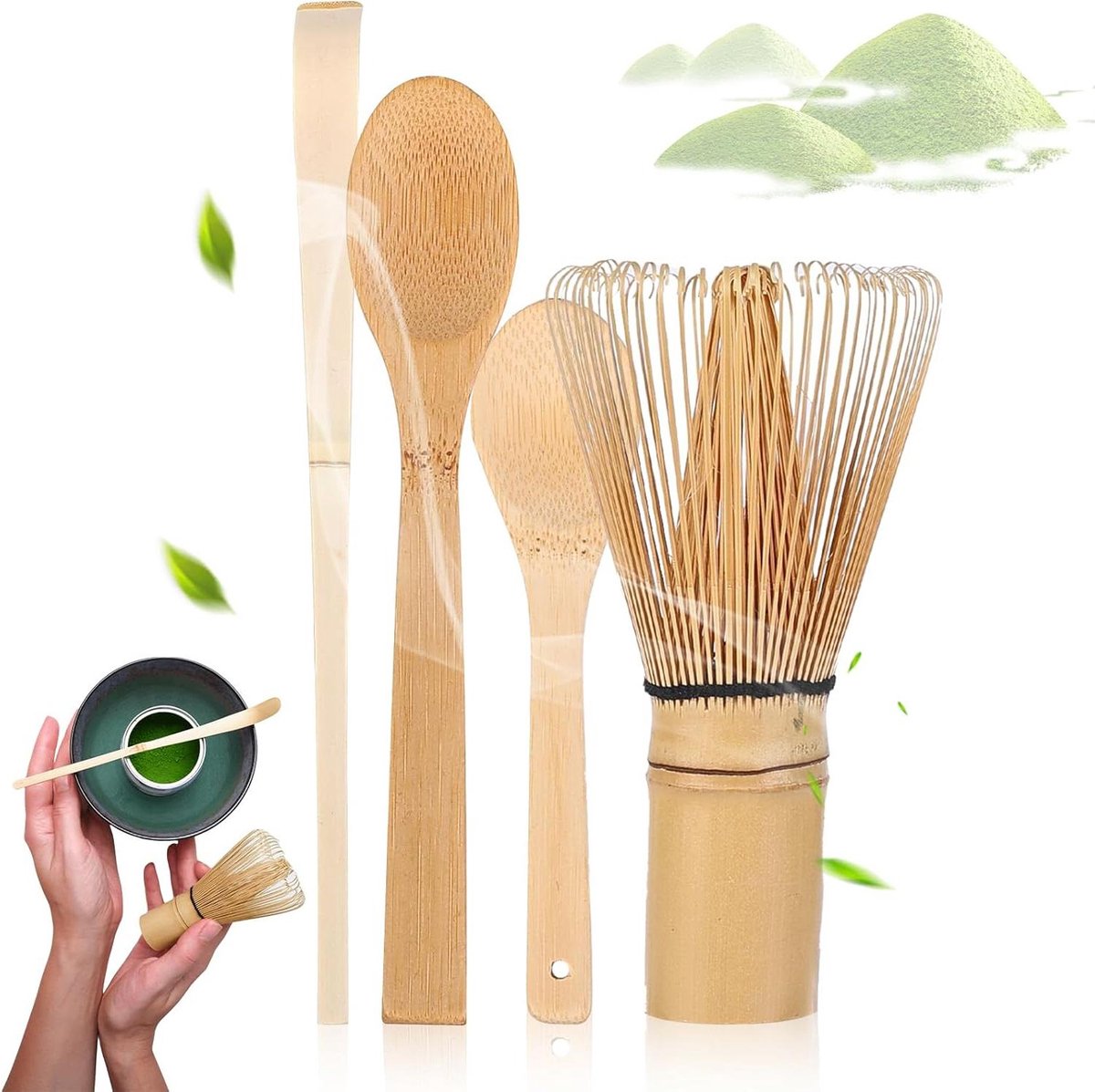 Matcha set van 4 Garde Lepel Traditionele Schep Bamboebezem Handgemaakt