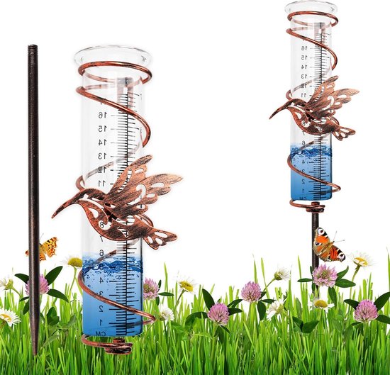 Foto: Regenmeter van glas 45 cm grondpen dubbele regenbuis buiten neerslagbewaking tuin gazon kolibrie 