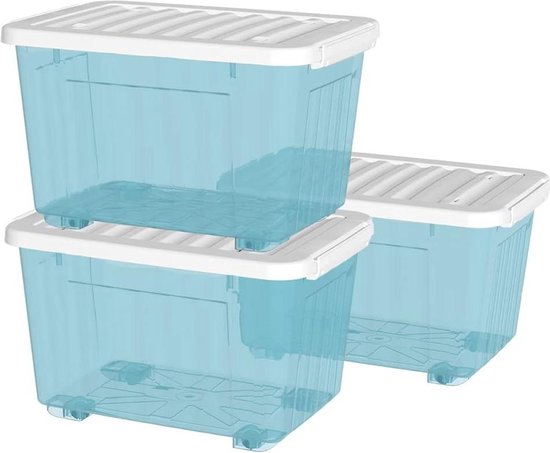 Cetomo 35L x 3 opbergdozen met wielen, plastic opbergdoos met deksel, vergrendelende gespen, kliksluiting, stapelbaar, nesten, duurzame organizer voor thuiskantoorkleding, blauw, 35L-3 Pack